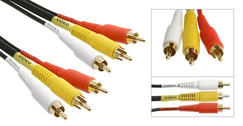 Premium (3) RCA Male to (3) RCA Male Shielded Composite A/V Cable; Video (RG59) & Audio (left/right), Gold Plated Connectors - Bridge Wholesale